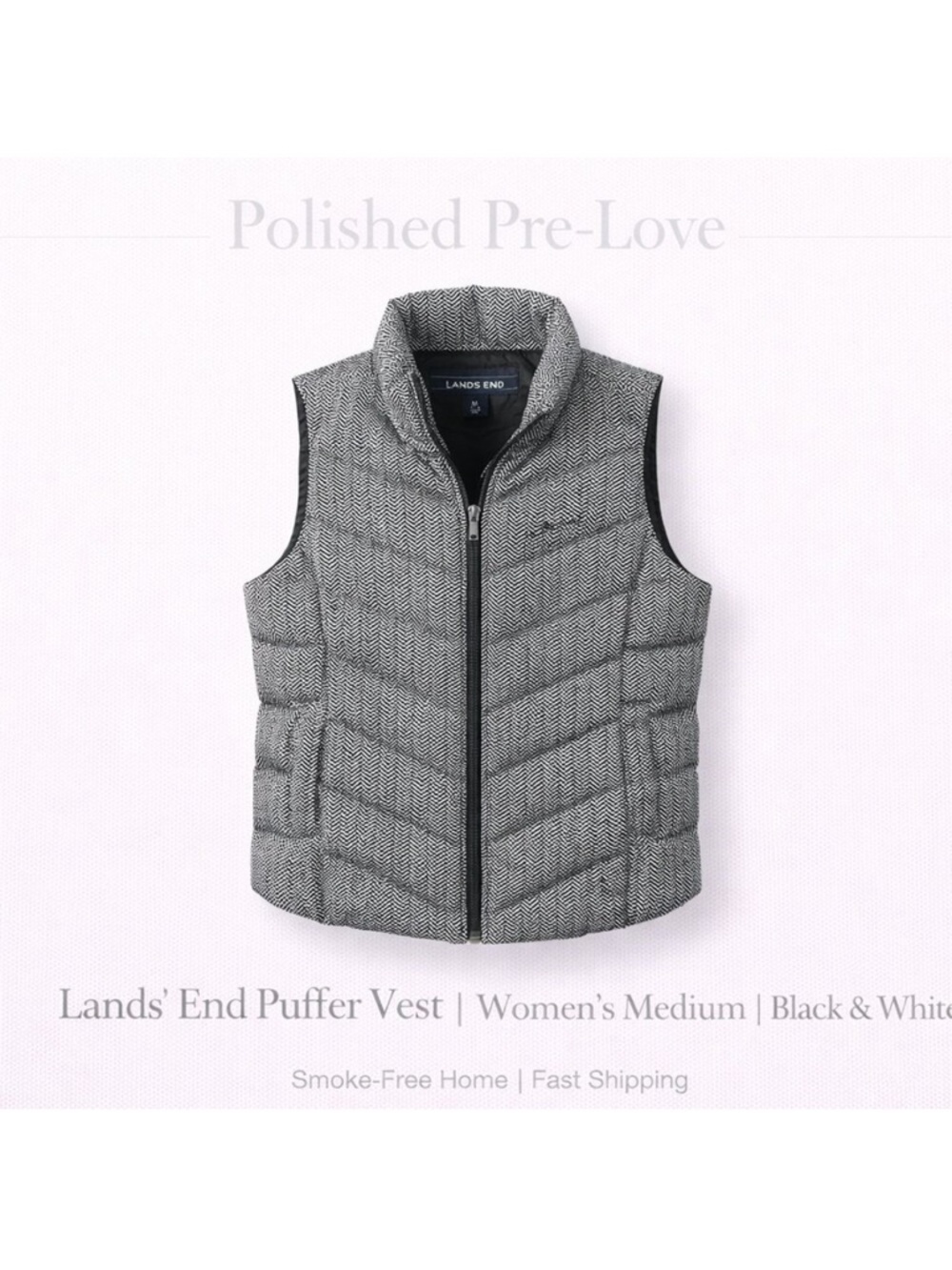 Lands’ End Quilted Puffer Vest Women’s Medium Black White Zip Front Lightweight